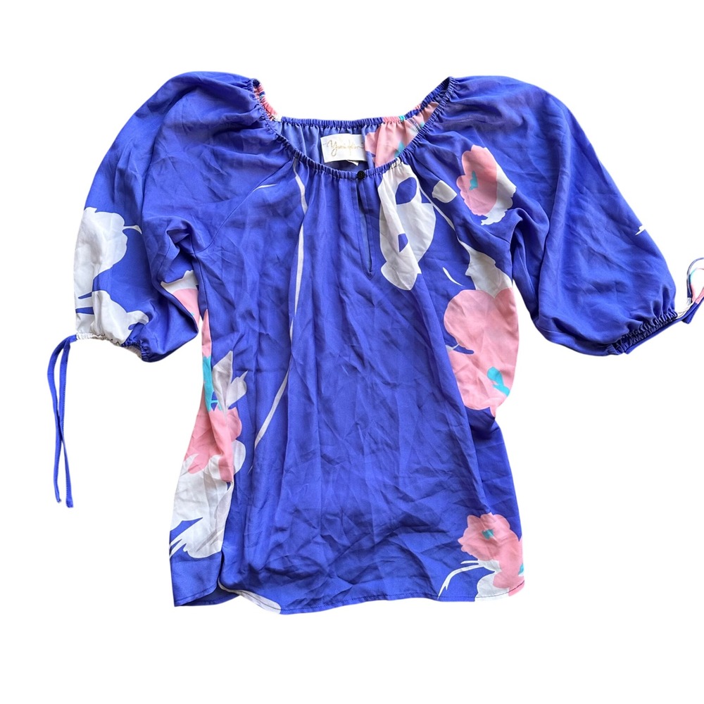 Yumi Kim Purple Floral Silk Blouse 3/4 Sleeve Keyhole Top XS